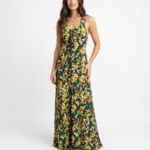 French Fact Vintage Green Floral Halter Dress Women Size Medium
